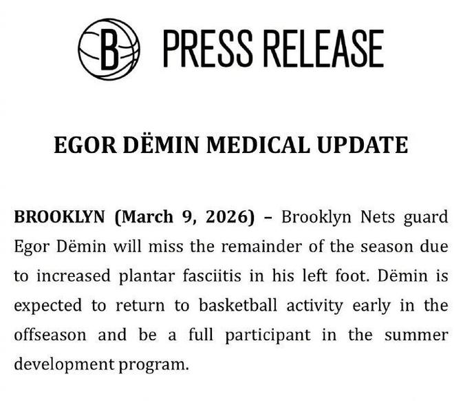 篮网新星杰明因足底筋膜炎赛季报销 创新秀三分